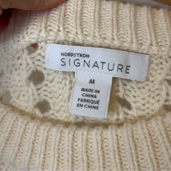 Nordstrom Signature Creme Open Knit Cashmere Wool Blend Sweater Sz M Minimalist - Picture 6 of 8